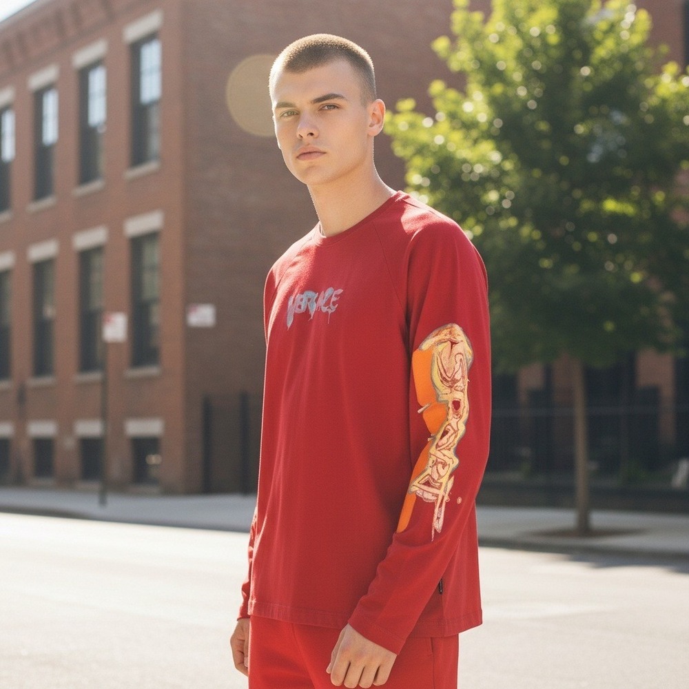 VTG Versace Sport Mens Red Graffiti Logo Long Sleeve T-Shirt‎ Size Medium NWOT